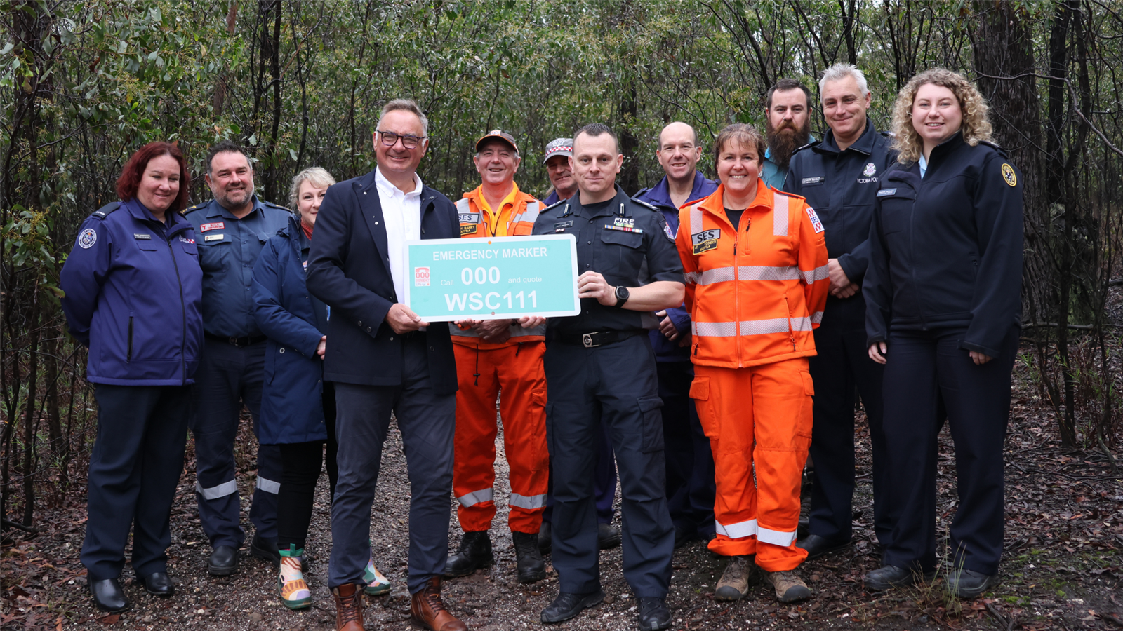 Wellington Shire Council Mayor Scott Rossetti and CFA Commander Aaron Worcester alongside emergency services involved (named below)